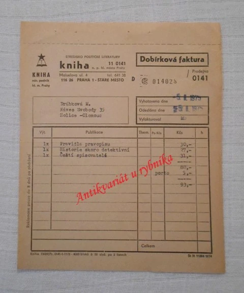 Dobírková faktura Kniha Středisko politické literatury Praha 1975 - originál