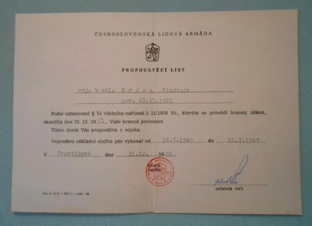 Československá lidová armáda Propouštěcí list - Prostějov 1981