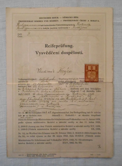 Reifeprüfung. Vysvědčení dospělosti. Reálné gymnázium Prostějov 1942