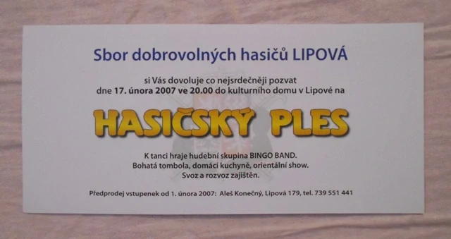 Pozvánka na Hasičský ples Lipová 2007