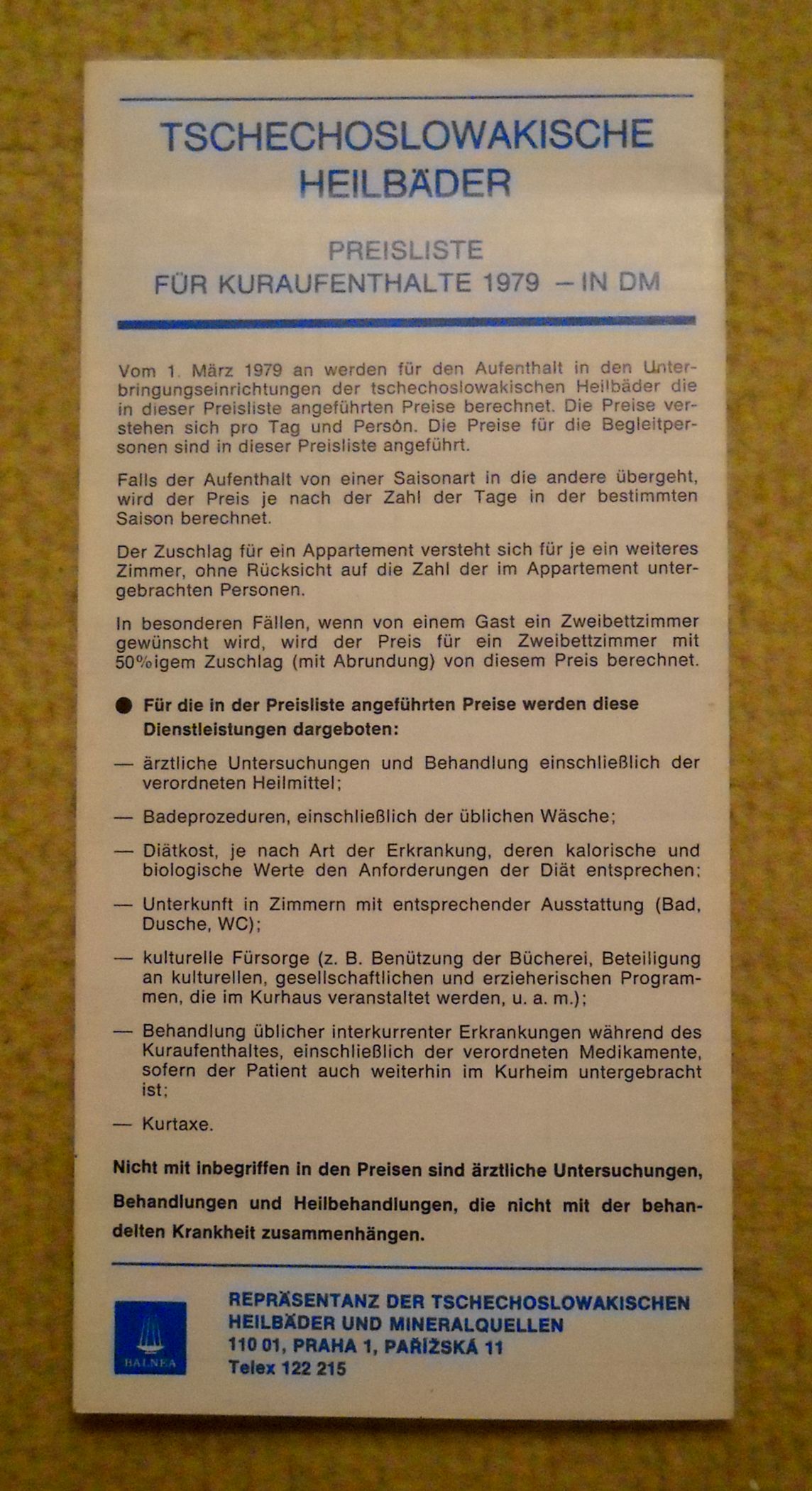 Reklamní ceník ČSA A Balnea Čs. lázně pro Německo 1979
