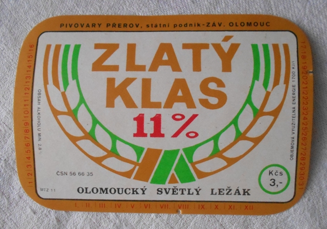 Pivní etiketa Olomouc Zlatý klas 11° 1990-91