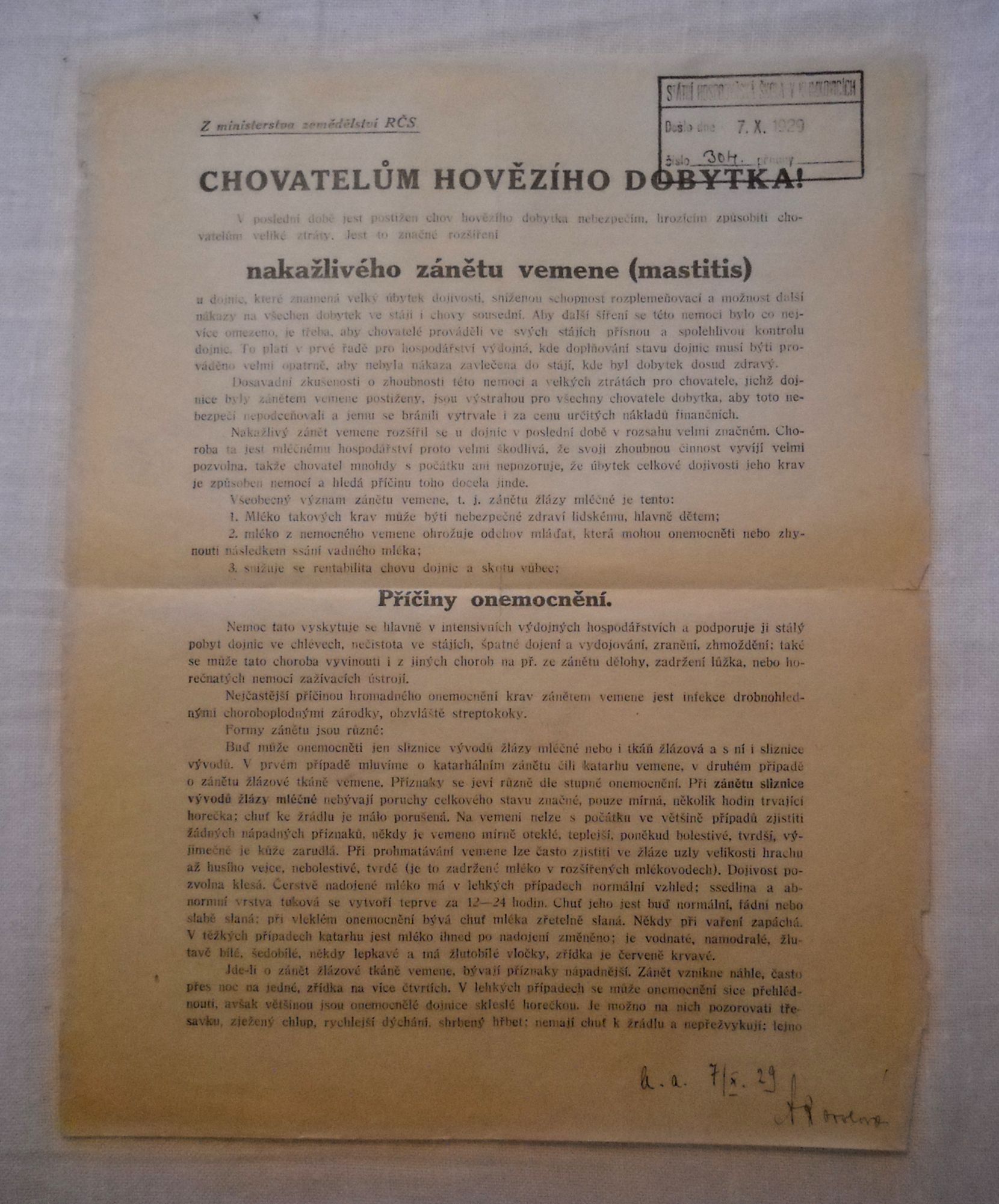 Směrnice Ministerstva zemědělství RČS - nakažlivý zánět vemene - říjen 1929