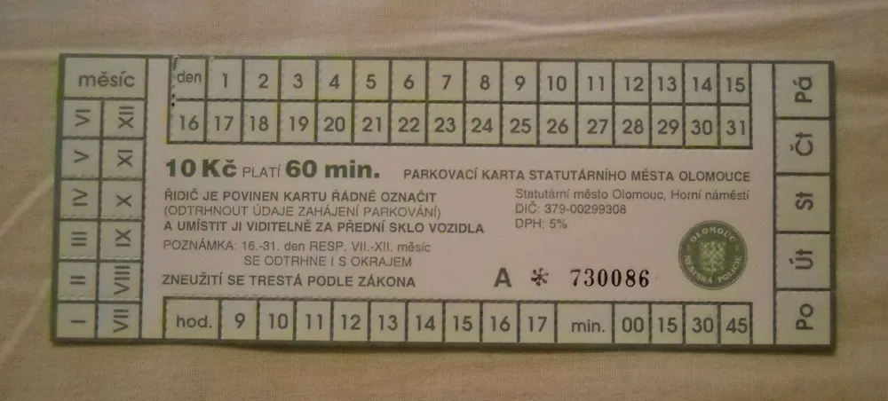 Parkovací karta jednorázová město Olomouc rok 2004 - neplatná