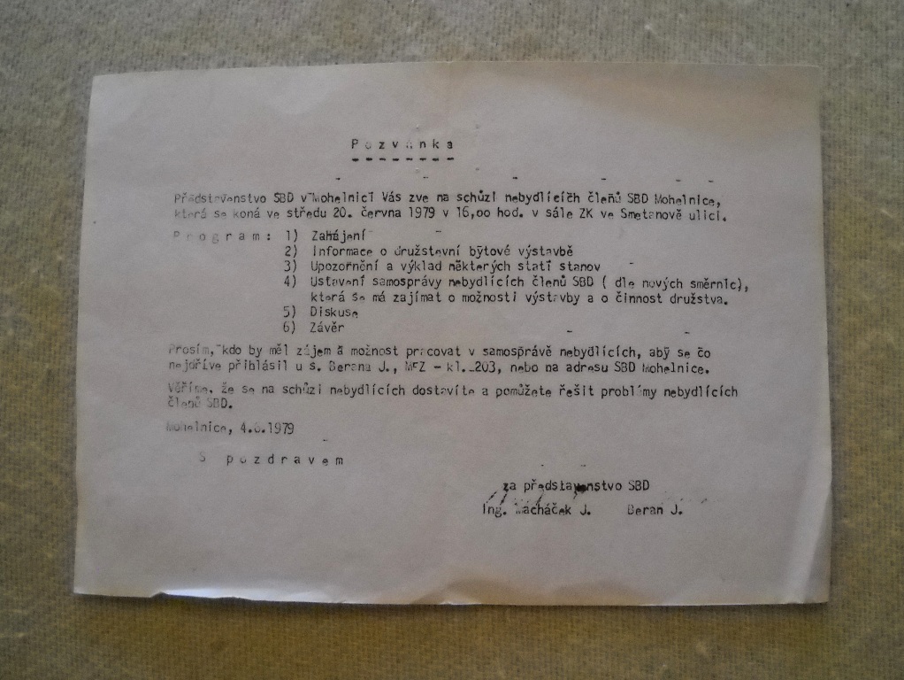 Pozvánka na schůzi nebydlících členů SBD Mohelnice - červen 1979