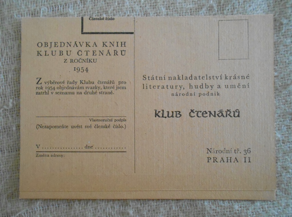 Knižní objednací lístek nakladatelství Odeon z roku 1954