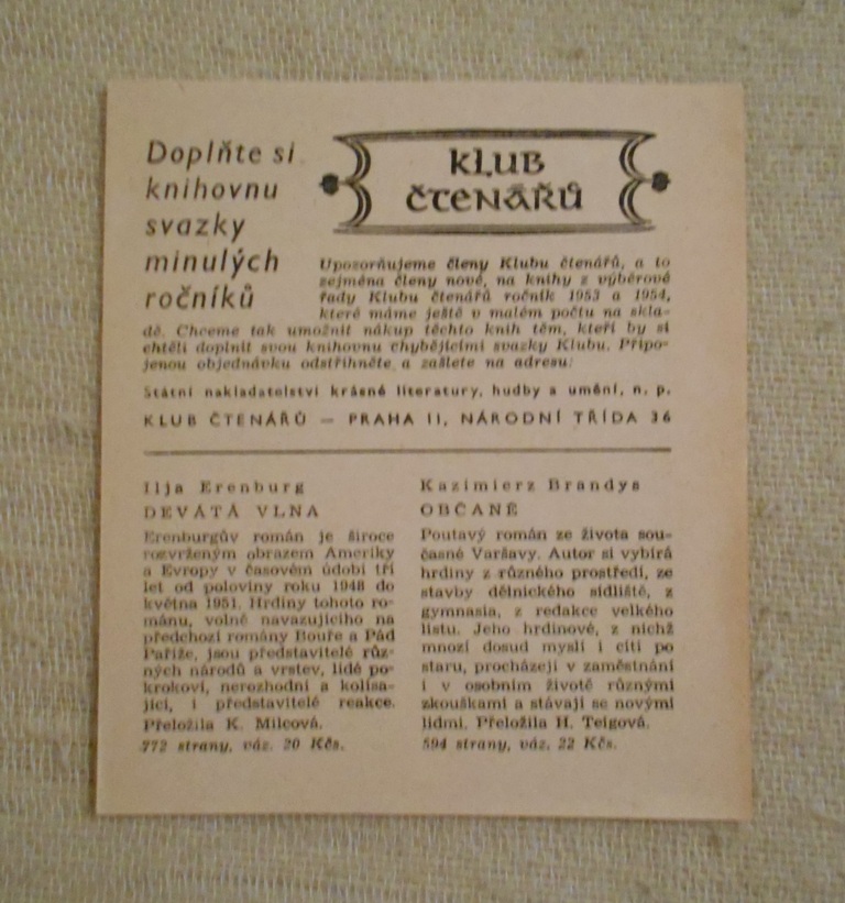 Knižní objednací lístek SNKLHU - Klub čtenářů z roku 1953-1954