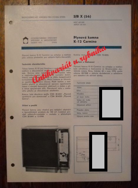 Katalogový list stavebních výrobků ČSSR - Plynová kamna K-12 Carmino 1972