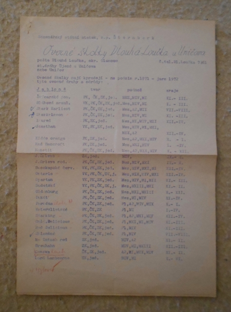 Zahradnický leták Ovocná školka Dlouhá Loučka u Uničova - 1971-72