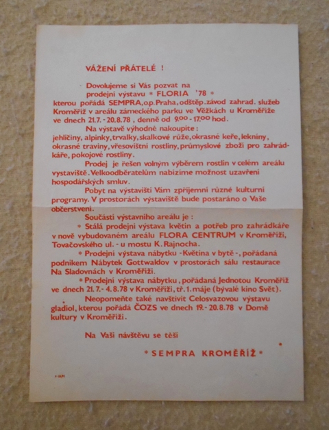 Leták Pozvánka na výstavu Floria ´78 - Sempra Kroměříž