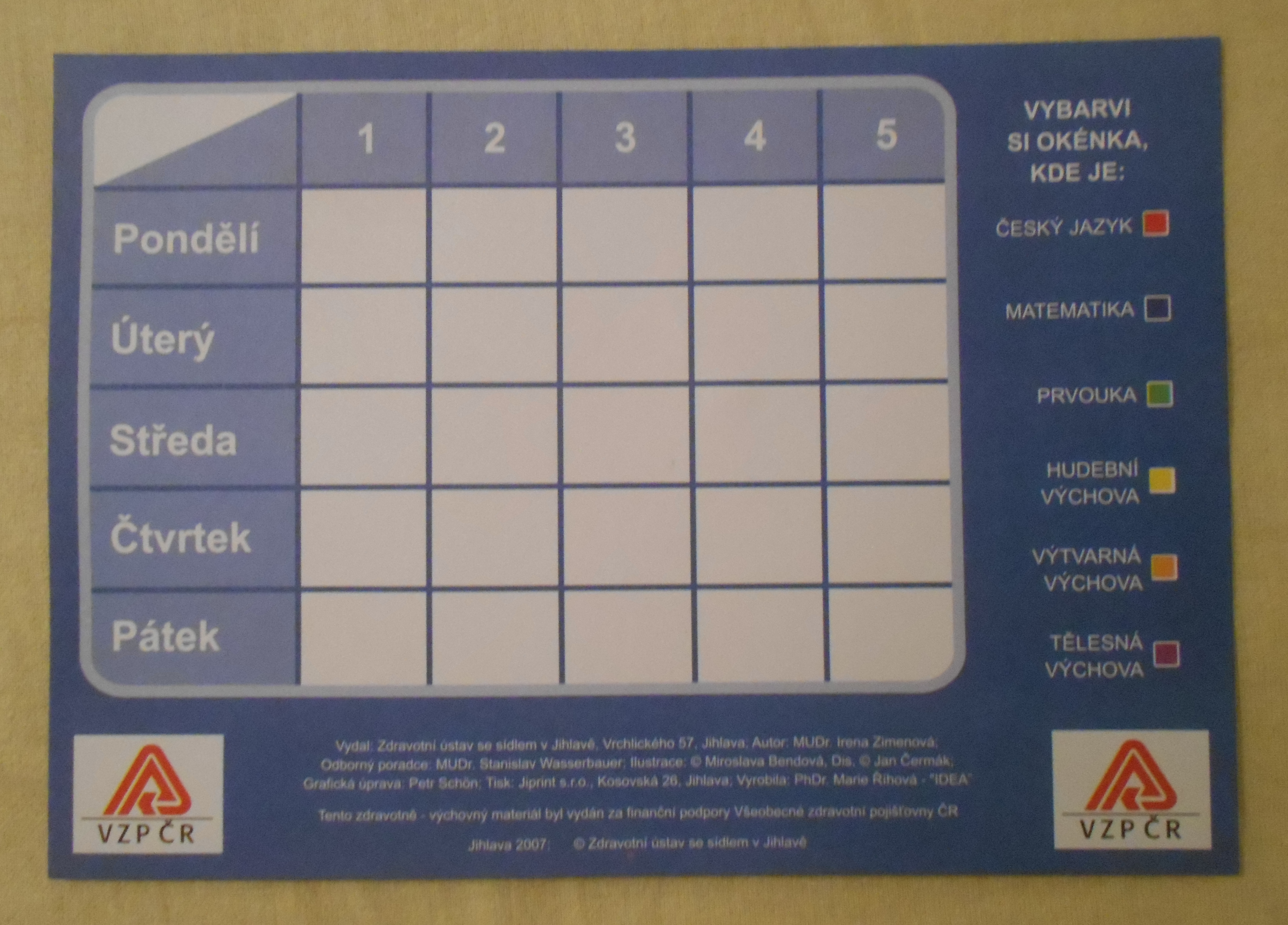 Rozvrh hodin reklamní barevný VZP ČR 2007
