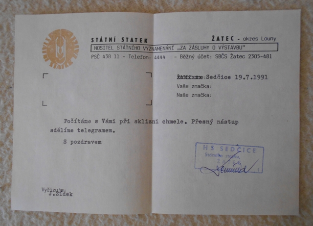 Pozvánka na sklizeň chmele Státní statek Žatec - 1991