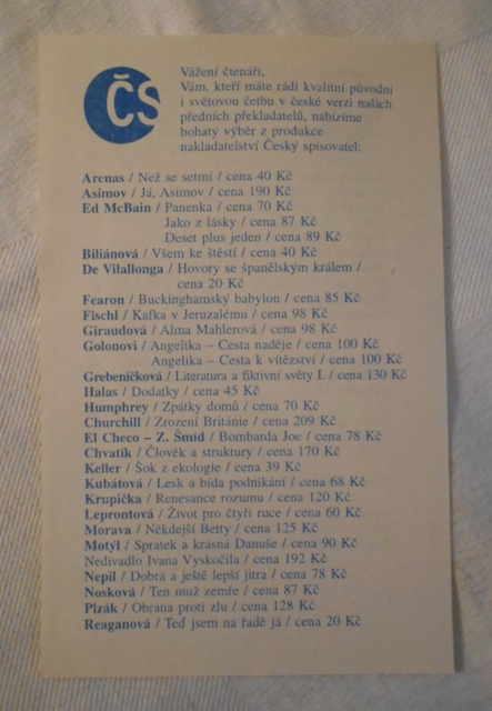 Knižní nabídkový lístek Český spisovatel - 90. léta