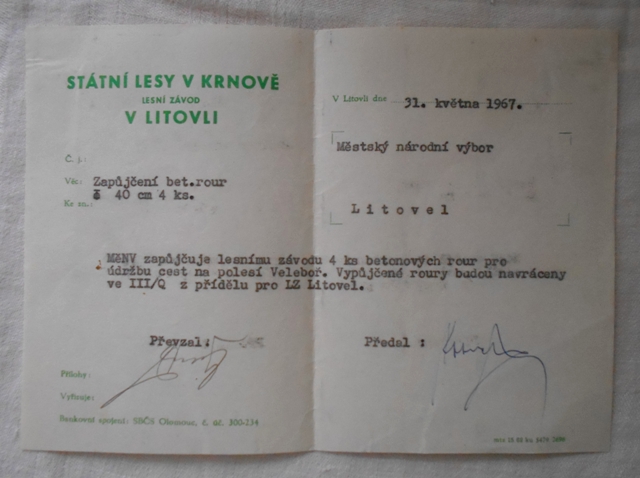 Státní lesy v Krnově závod Litovel - zápujční lístek 1967