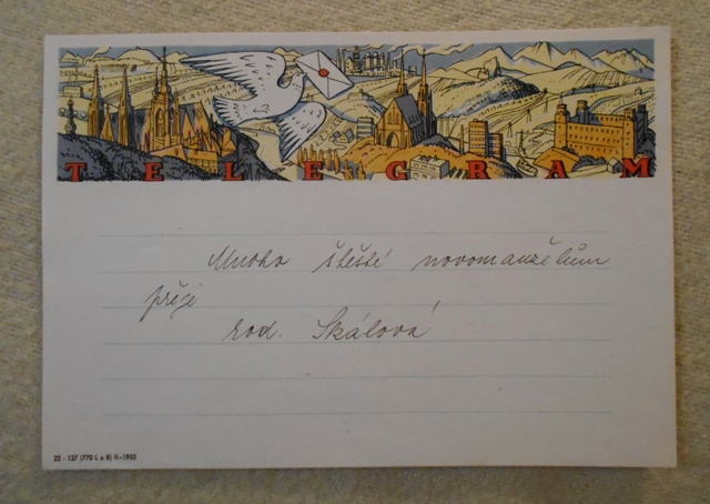Telegram - holubice nad dominantami ilustrovaný doručovací formulář použitý - 1955