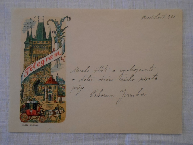 Telegram - V. Kubašta ilustrovaný doručovací formulář použitý - 1956