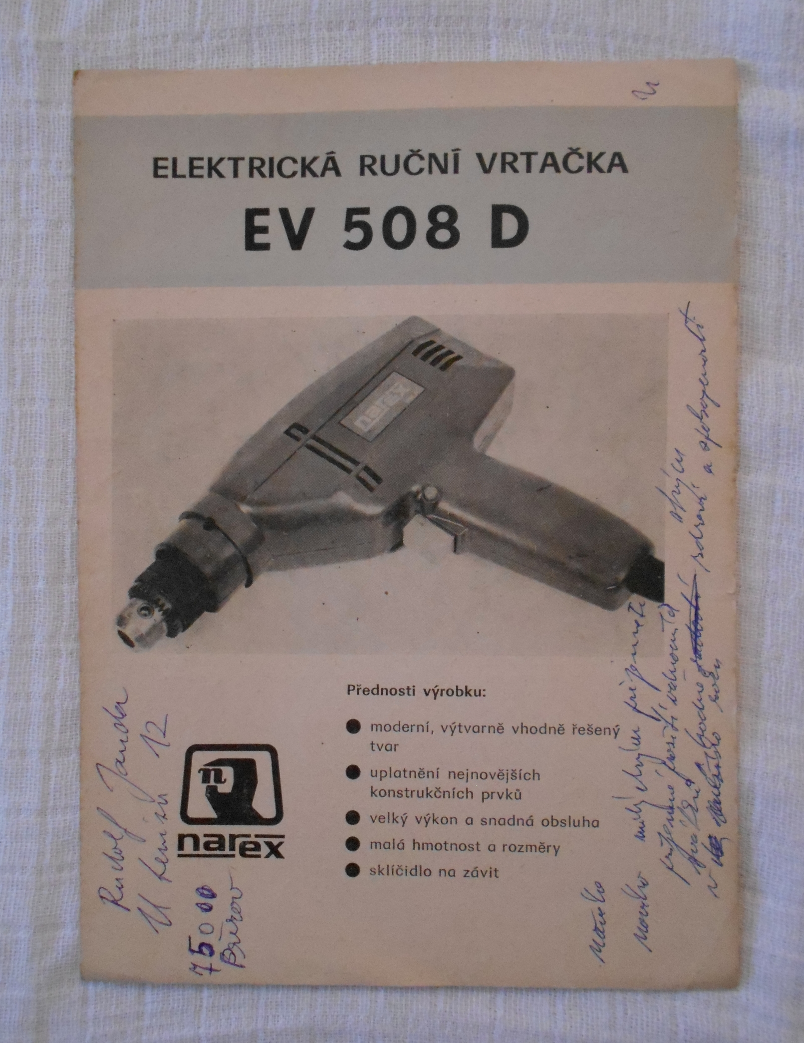 Technický list Elektrická ruční vrtačka Narex EV 508 D