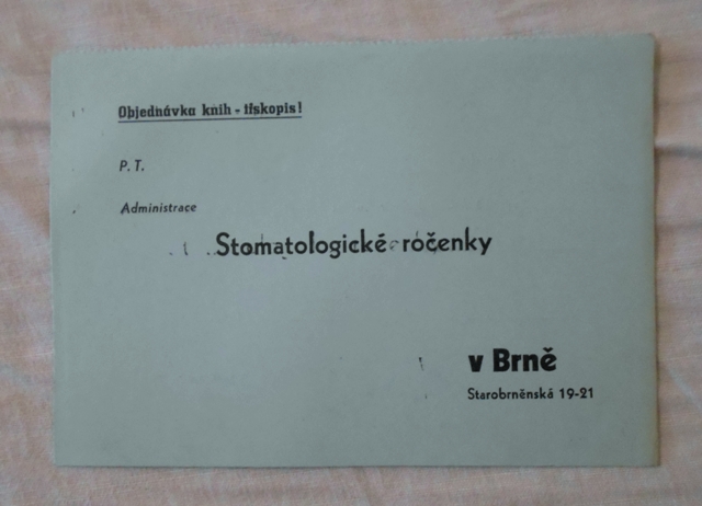 Objednávkový lístek poštovní na knihu Stomatologická ročenka 1947 - Brno 1946