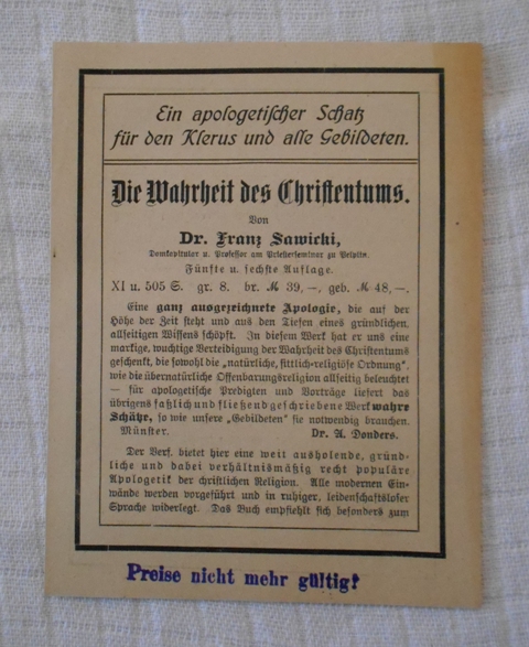 Reklamní leták Ferdinand Schőningh Paderborn - Die Wahrheit des Christentums - 20. léta 20. st.