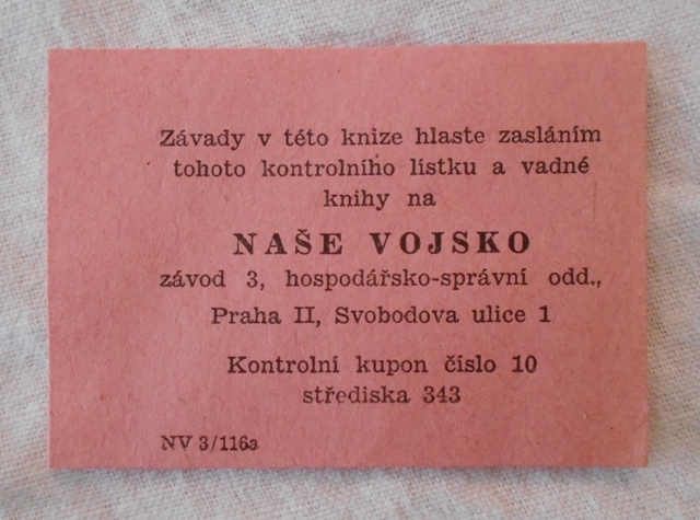 Kontrolní lístek Naše vojsko stř. 343 - pravděp. 70. léta
