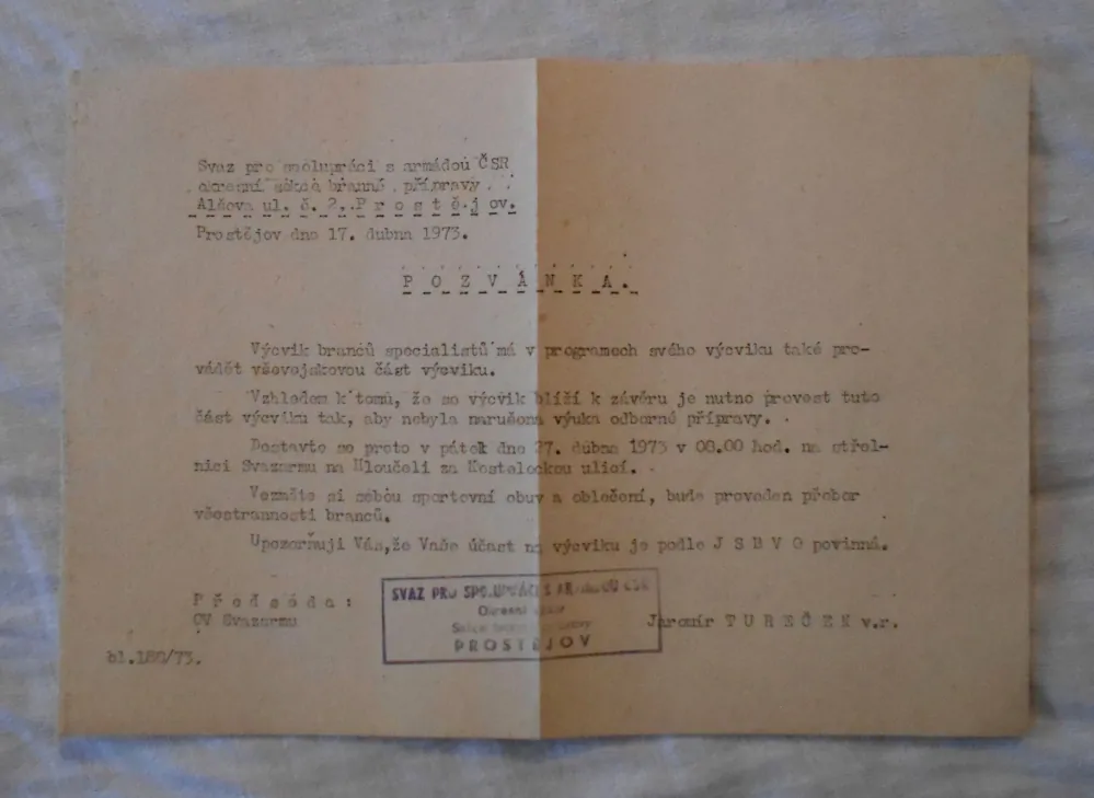 Svazarm Prostějov - Pozvánka na výcvik branců specialistů - 1973