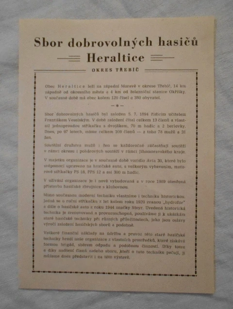 Leták Sbor dobrovolných hasičů Heraltice - 1991