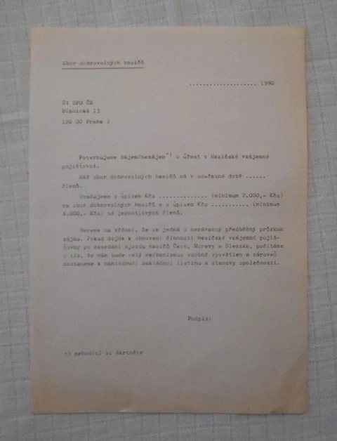 Průzkumový dopis Sbor dobrovolných hasičů pro Hasičskou vzájemnou pojišťovnu - 1990