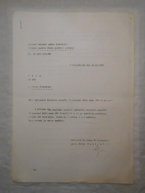 Dopis Upřesnění kritérií soutěže O putovní štít rady ONV Prostějov - 1989
