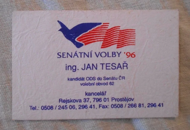 Dobová propagační vizitka Senátní volby ´96 Ing. Jiří Tesař