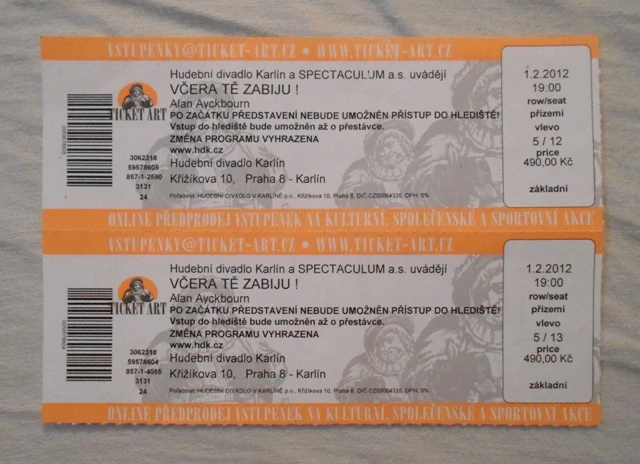 Vstupenka - Hudební divadlo Karlín rok 2012 Včera Tě zabiju! - blok 2 kusy