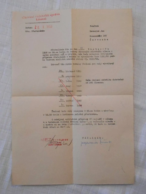 Okresní vojenská správa Litovel - Předvolánka na velitelskou přípravu důstojníků v záloze - 1959