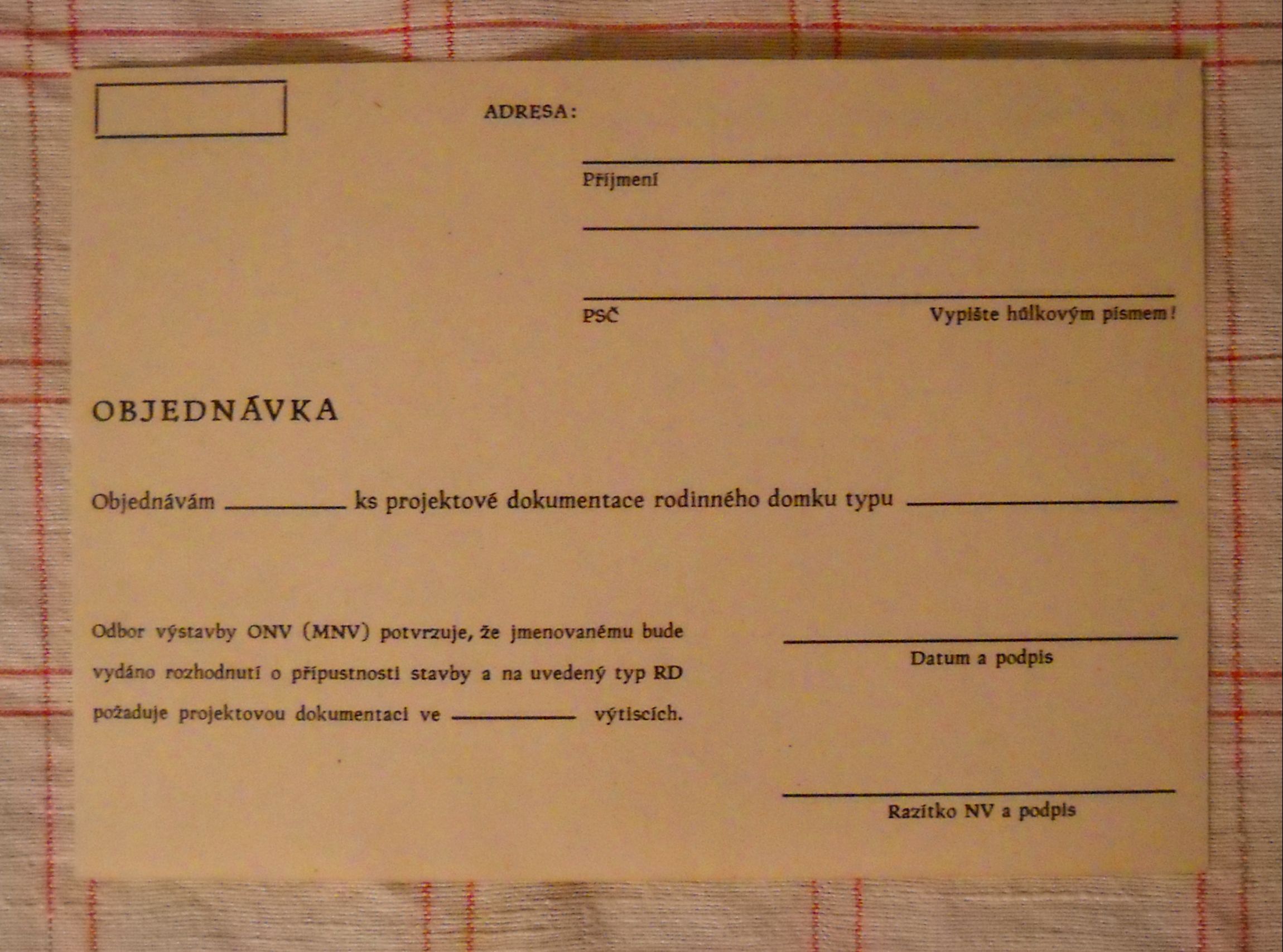 Objednací lístek projektové dokumentace rod. domků Druexpo Brno