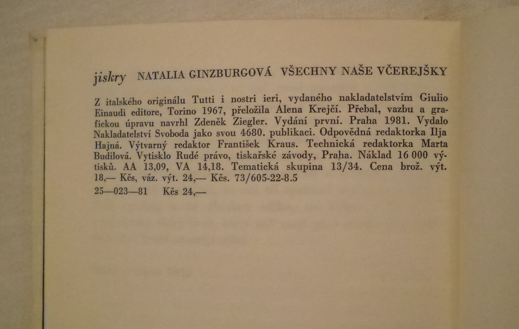 Natalia Ginzburgová - Všechny naše včerejšky - Svoboda 1981