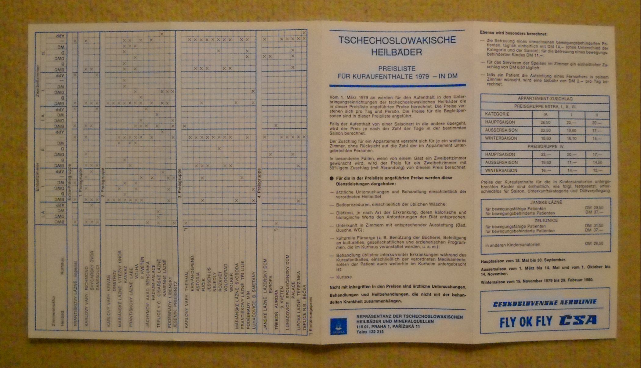 Reklamní ceník ČSA A Balnea Čs. lázně pro Německo 1979