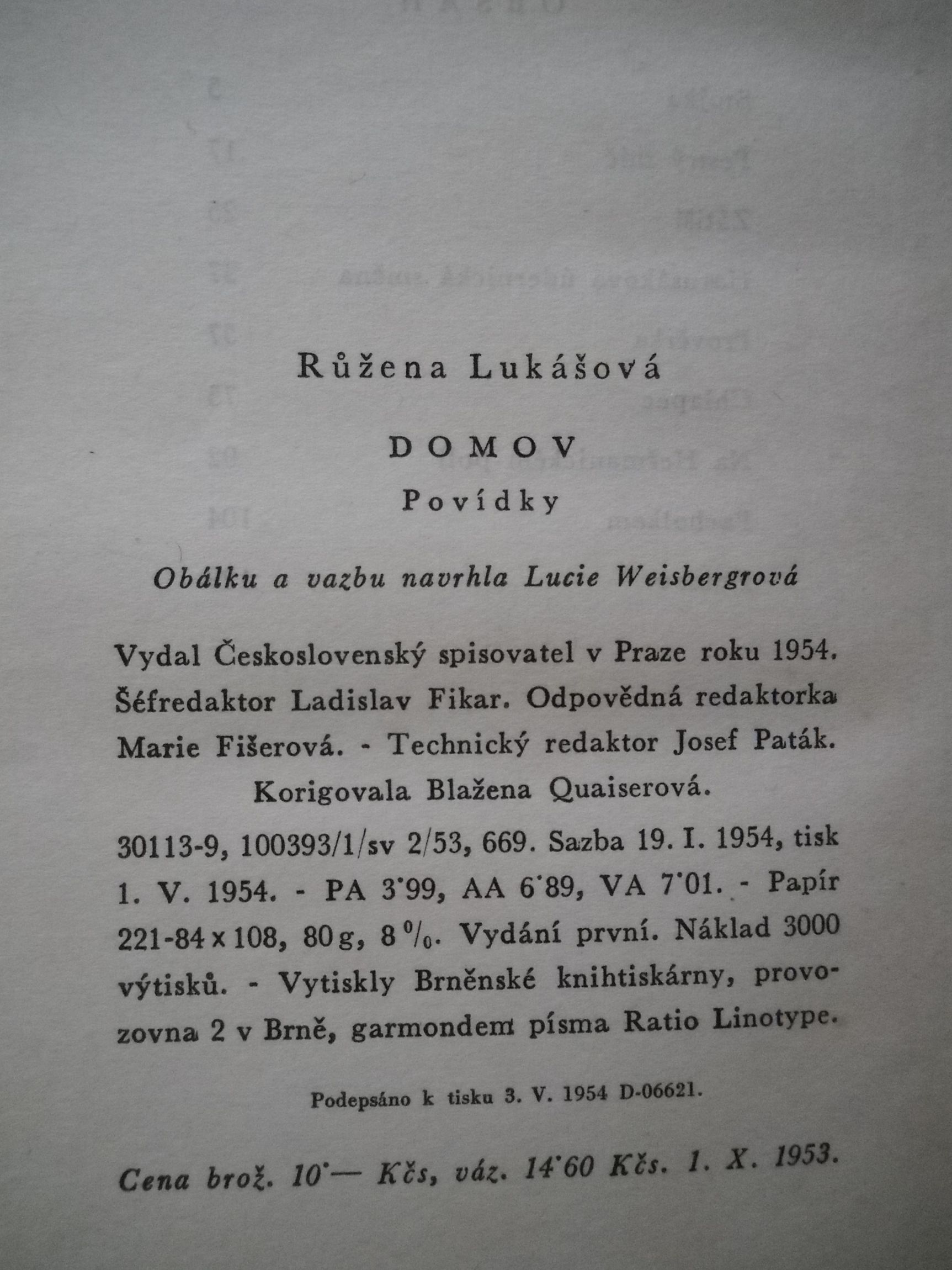 Růžena Lukášová - Domov - Praha 1954