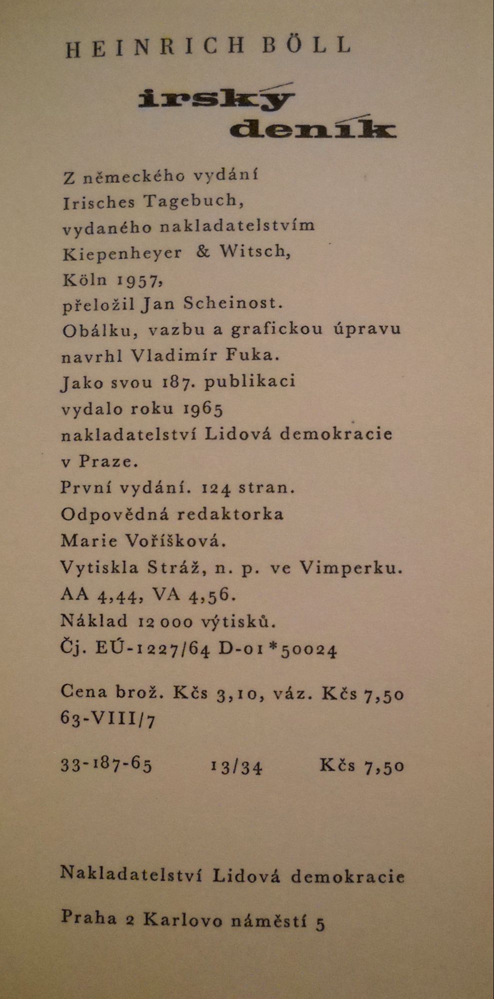 Heinrich Bőll - Irský deník - 1965 obálka Fuka