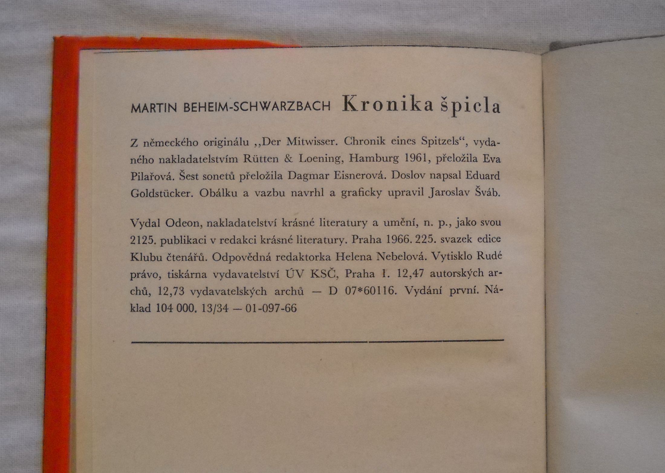 Martin Beheim Schwarzbach - Kronika špicla - Odeon 1966