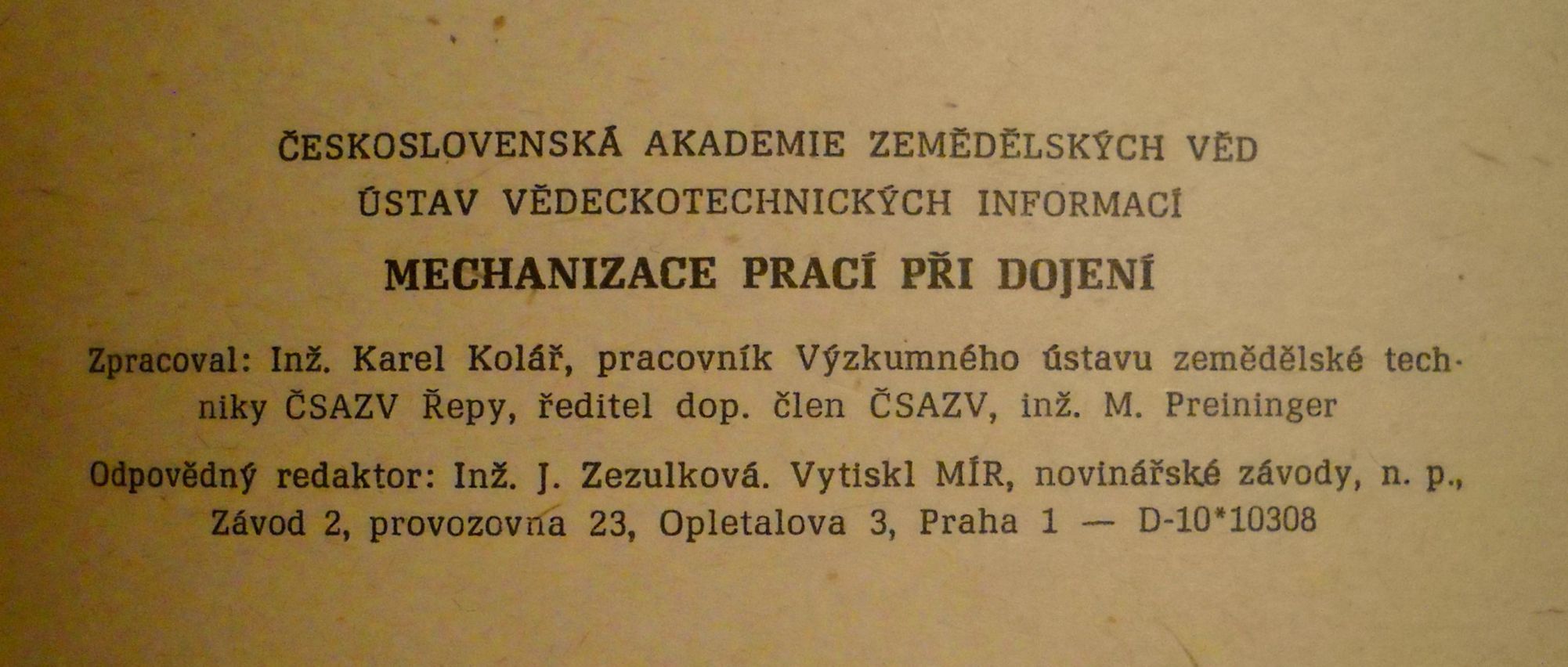 Zemědělská brožura Mechanizace prací při dojení - 1961