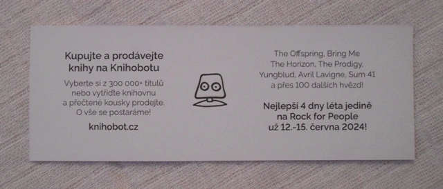 Reklamní papírová záložka Knihobot 2024 Rock for People