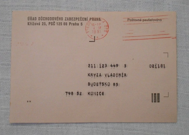 Osobní list důchodového zabezpeční Rozhodnutí o přiznání starobního důchodu Praha 1982