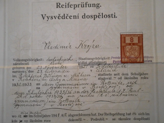 Reifeprüfung. Vysvědčení dospělosti. Reálné gymnázium Prostějov 1942