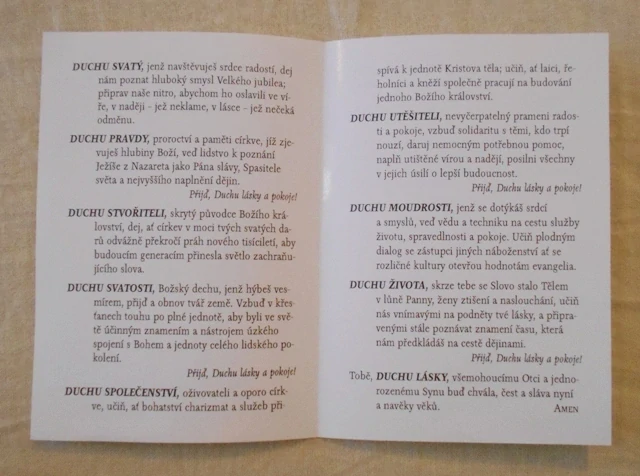 Modlitební lístek Modlitba papeže Jana Pavla II. k Duchu svatému - Druhý rok příprav na Velké jubileum roku 2000