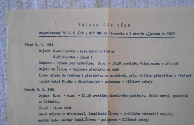 Itinerář autobusový zájezd do Užhorodu SSSR 1981 - originální exemplář