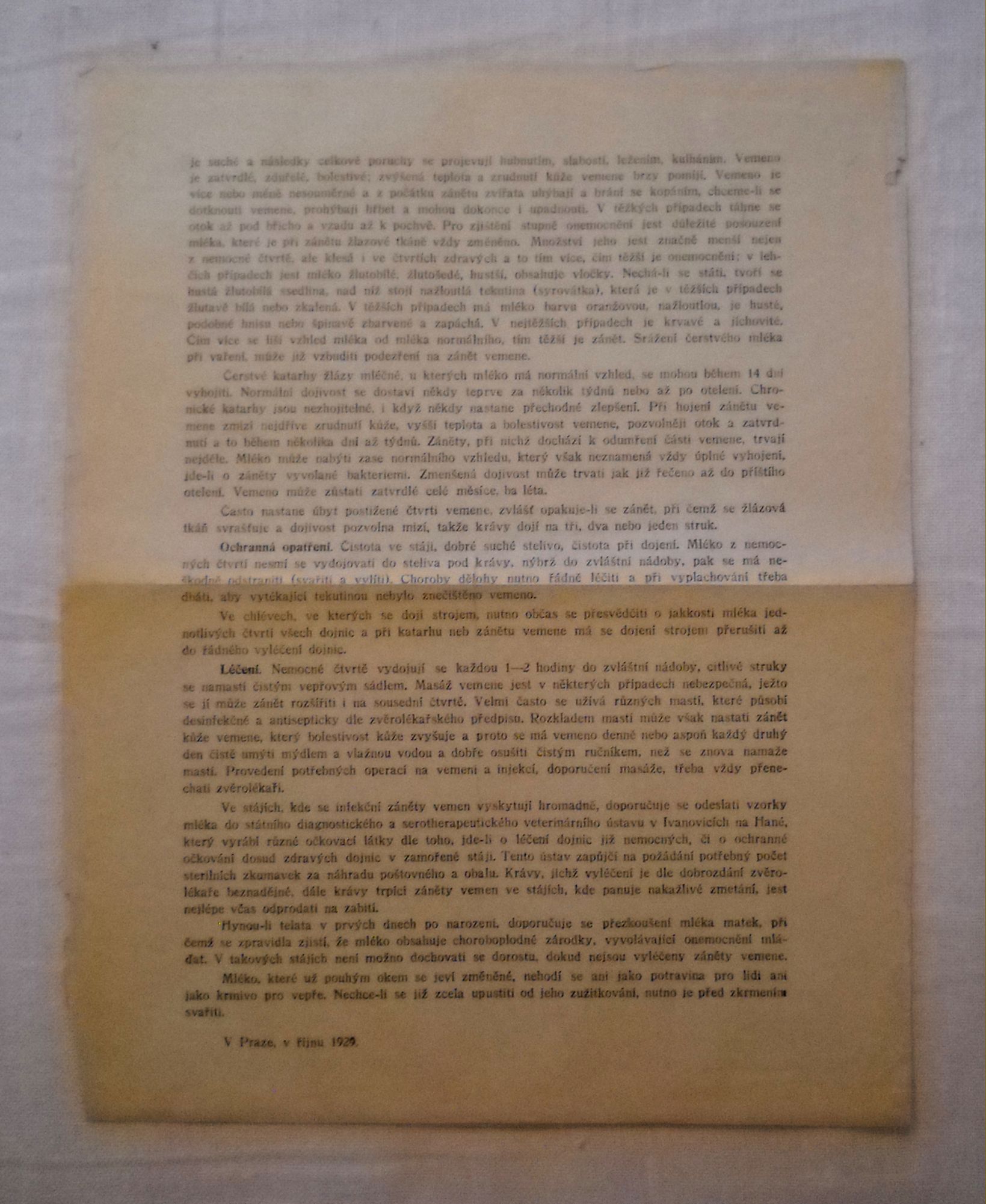Směrnice Ministerstva zemědělství RČS - nakažlivý zánět vemene - říjen 1929
