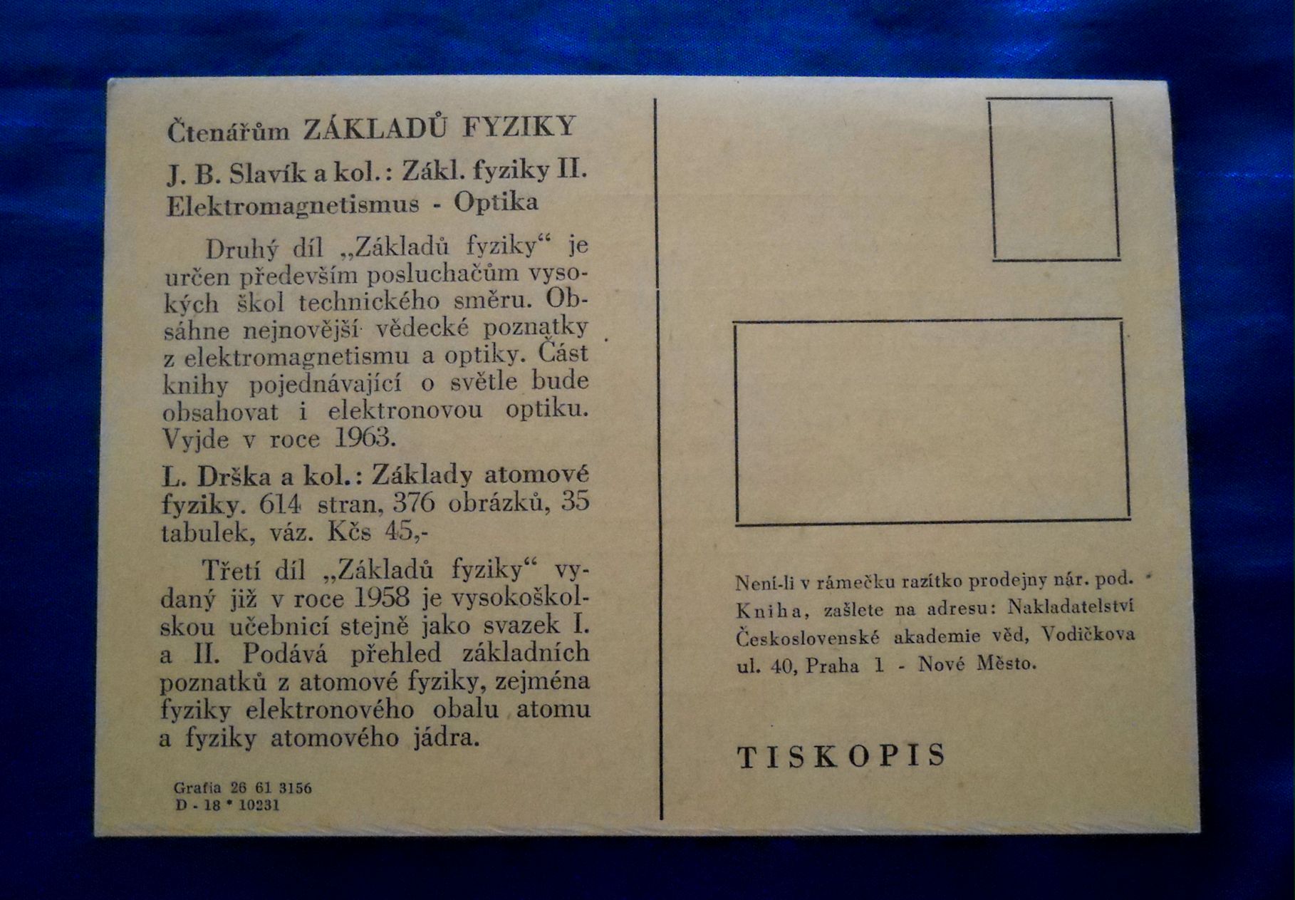 Knižní objednací lístek nakladatelství ČSAV z roku 1961