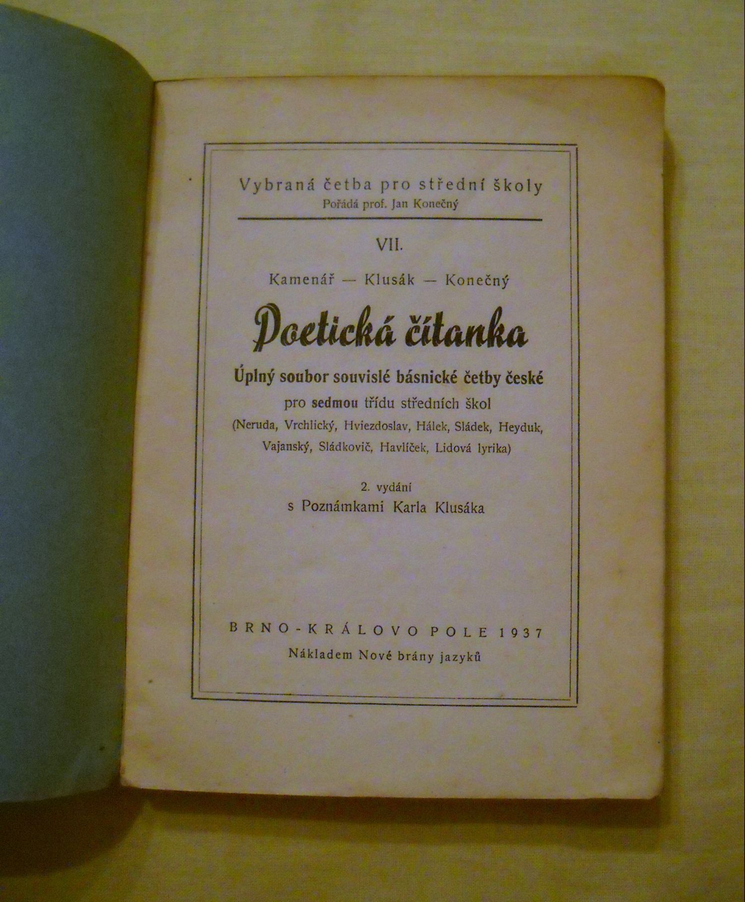 Poetická čítanka pro sedmou třídu středních škol - 1937