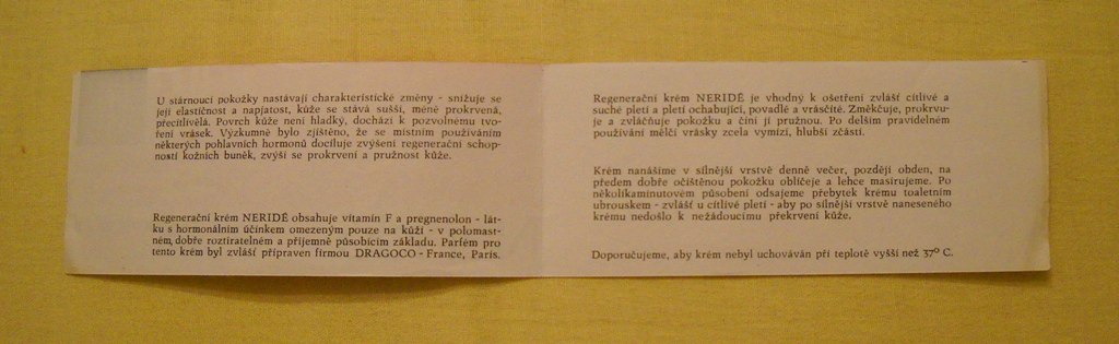Neridé regenerační krém - reklamní příbalový leták