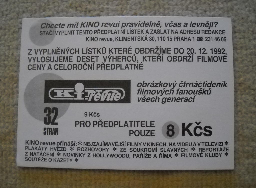 Předplatní lístek Kino revue - 90. léta