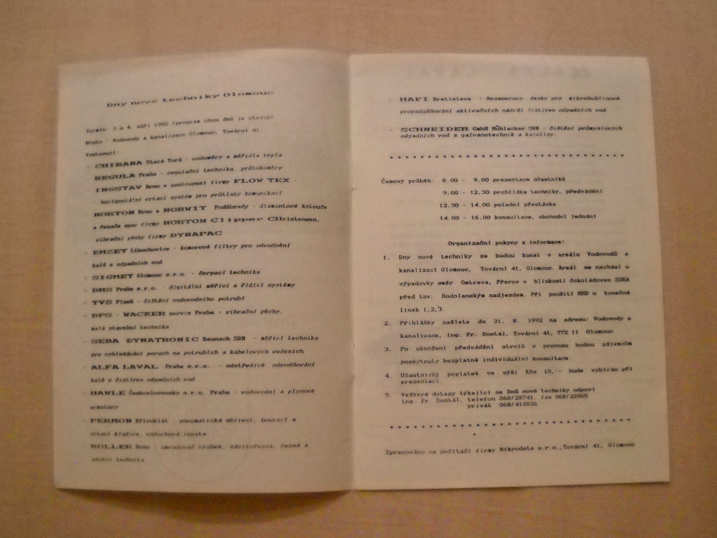Vodovody a kanalizace Olomouc - Program výstavy Dny nové techniky 1992