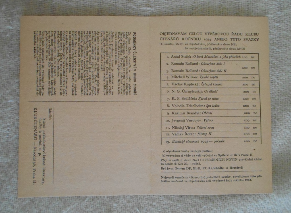 Knižní objednací lístek nakladatelství Odeon z roku 1954
